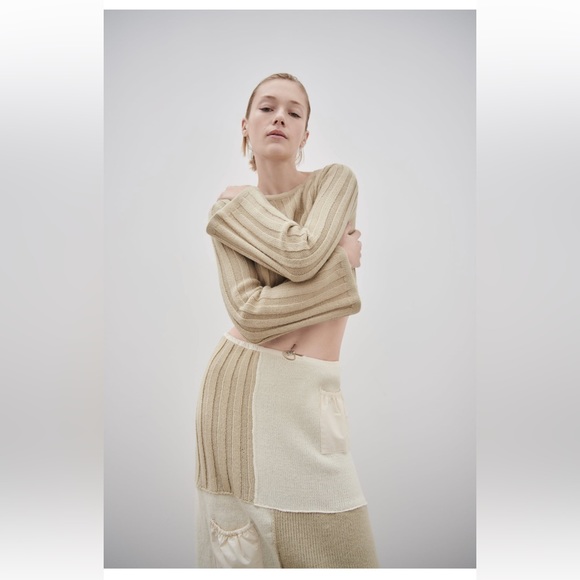 ZARA NEW WOMAN HIGH-WAIST LONG KNIT PATCHWORK SKIRT ECRU - Picture 3 of 7